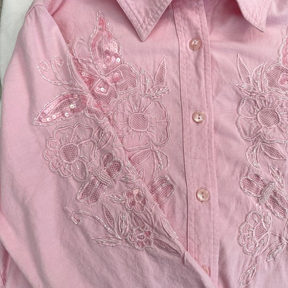 The Quacker Factory Shirt Floral Button Size M Soft Pink Sequin Embroidery Beads - Picture 5 of 15